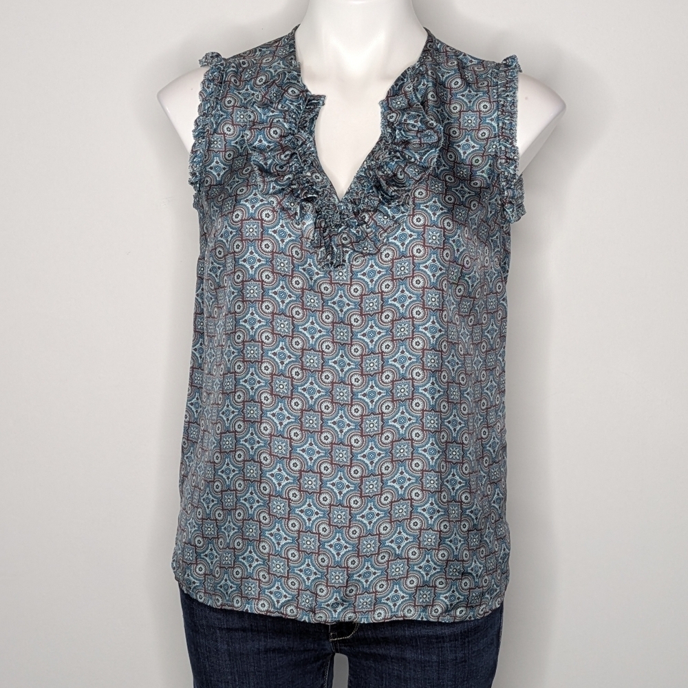 J Crew Blue Brown Geometric Kaleidoscope Ruffle Sleeveless Silk Tank Blouse 2